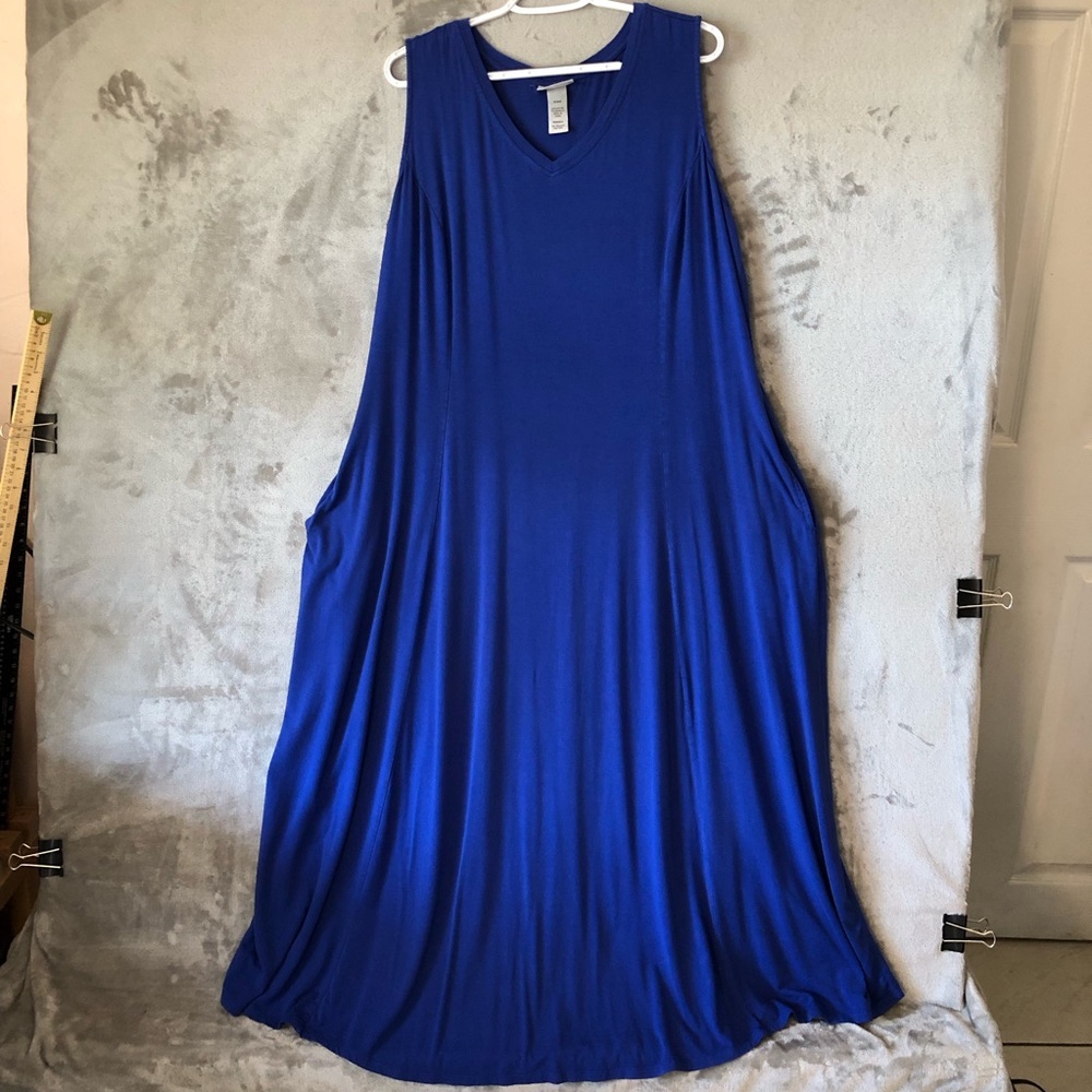 Catherines Maxi Dress 1XWP Sleeveless V-Neck Blue Jersey knit Pockets Summer
